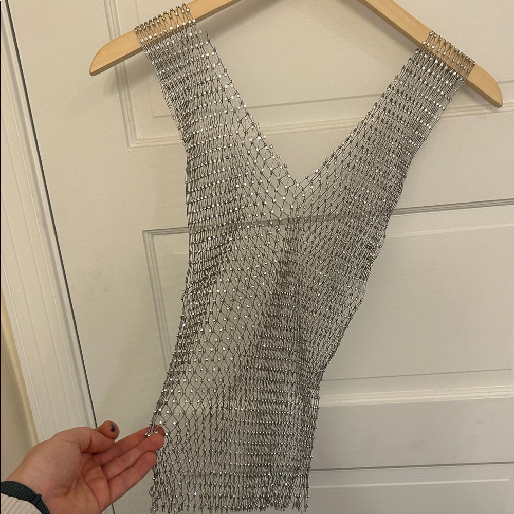 Silver Rhinestone Mesh Top